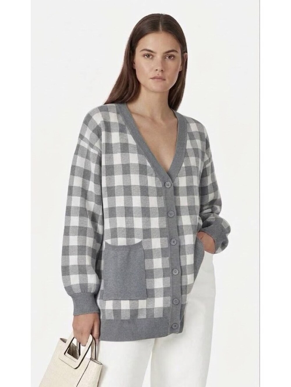 Lalavon Gray and White Checkered Button-Up Cardigan Sweater